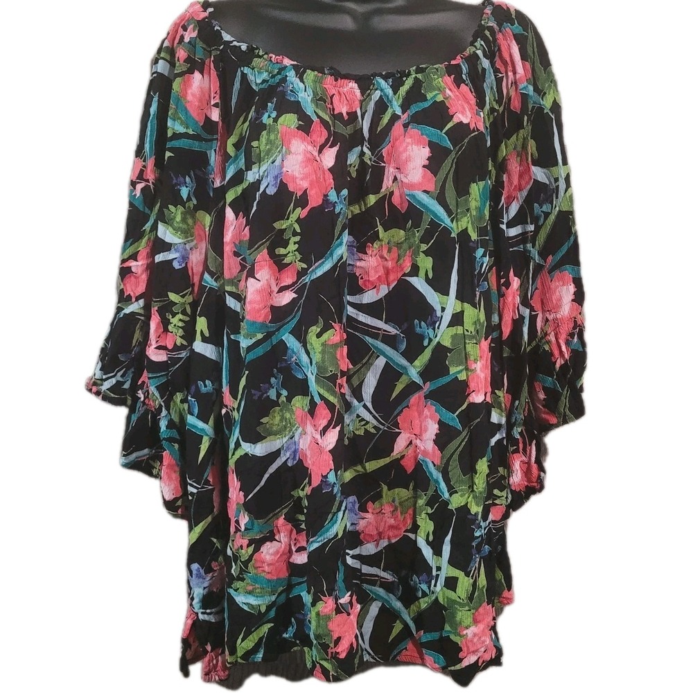 Catherines Tropical Floral Blouse 3X Black Multi Flare Sleeve Ruffle Boat Neck